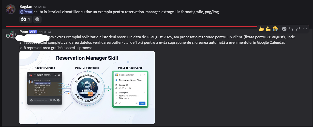 Asistentul descrie un exemplu de gestionare a unei rezervări.